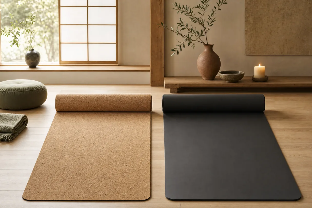 A cork yoga mat and a dark natural-rubber yoga mat unrolled side by side on warm wood